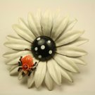 Vintage Flower Pin, Bright White Bloom with Ladybug