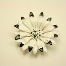 Vintage Enamel Metal Flower Pin Brooch, Black & White