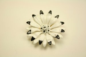 Vintage Enamel Metal Flower Pin Brooch, Black & White
