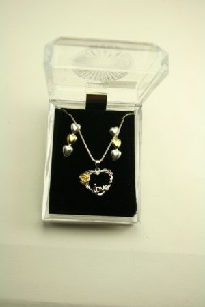 Sterling Silver and Goldtone Heart Drop Earrings and Matching 18"" Heart Necklace