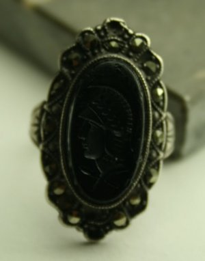 Antique Intaglio Roman Head Onyx, Sterling Silver Marcasite Ring