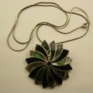 Vintage Sterling Necklace with Abalone & Onyx Pendant Brooch, Mexico Sterling Silver