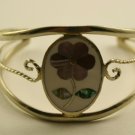 Vintage Alpaca Sterling Silver Mexico Cuff Bracelet with Abalone Flower