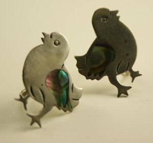 Mexico Sterling Silver Earrings, Cute Chicks with abalone, Screwback