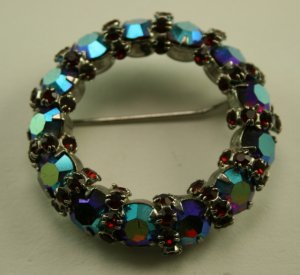 Vintage Aurora Borealis Ruby Wreath style pin, signed Warner