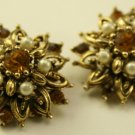 Vintage Amber & Faux Pearl clip on earrings, Signed Star