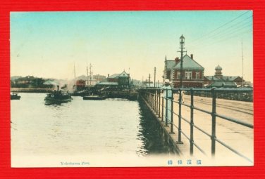 Antique JAPAN Japanese Hand Tinted Colored Postcard  Yokohama Pier Man #EC59