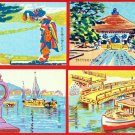 Set of 4 JAPAN Japanese Postcards w/ Folder Woodblock Print GEISHA Temple Boat #EAW39 Set of 4 JAPAN Japanese Postcards w/ Folder Woodblock Print GEISHA Temple Boat #EAW39