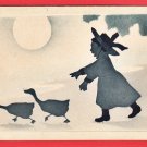 Antique JAPAN Japanese Stencil Art Postcard Girl Chasing Ducks Sun Silhouette #EAW117