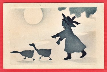 Antique JAPAN Japanese Stencil Art Postcard Girl Chasing Ducks Sun Silhouette #EAW117