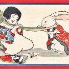 1915 JAPAN Japanese Embossed Art Postcard Girl Rabbit New Year's Card #EA263