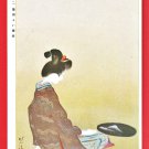 Antique JAPAN Japanese Art Artist Postcard Woman Beauty Kimono "Bonseki" Tray Rock #EA269