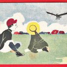 Antique JAPAN Japanese Art Postcard Boy Girl Airplane Propeller Plane #EA324