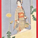 1900s Antique JAPAN Japanese Art Artist Postcard Woman Beauty Girl Dandelion Flowers #EA353