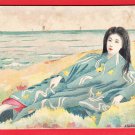 1900s Antique JAPAN Japanese Art Postcard Woman Beauty Kimono Beach Sea Military Mail #EA360