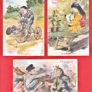 1907 JAPAN Japanese Art 3 Postcards Boy Bicycle Collecting Plants Girl Sketching #EA362