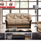 Almond Italian Leather Sofa Set with Wooden Accents