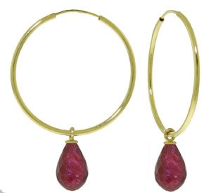 DD-3760:14K. SOLID GOLD HOOP EARRINGS WITH DANGLING RUBIES