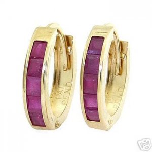 DD-1054Y: 14K. SOLID GOLD HOOP HUGGIE EARRINGS NATURAL RUBY GEM