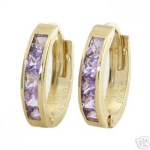 DD-1042Y: 14K SOLID GOLD HOOP HUGGIE EARRINGS W/ NATURAL AMETHYST