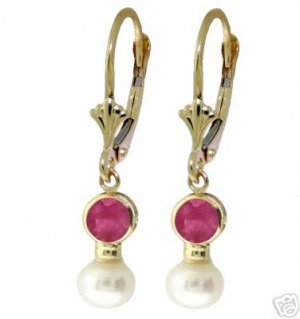 DD-1782Y: 14K. SOLID GOLD EARRINGS NATURAL RUBY AND PEARLS