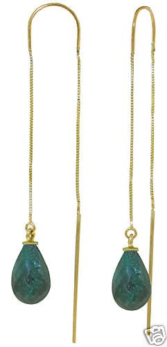 DD-3938: 14K. SOLID GOLD THREADED DANGLES EARRINGS WITH EMERALDS