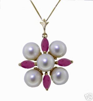 DD-1674Y: 14K. SOLID GOLD NECKLACE W/NATURAL PEARLS & RUBYS