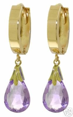 DD-2808Y:14K. SOLID GOLD HOOP HUGGIE EARRINGS DANGLING AMETHYST