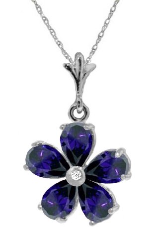 REAL SAPPHIRE & DIAMOND FLOWER NECKLACE 14K. WHITE GOLD