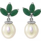 DD-2772W: CULTURED PEARL & NATERAL EMERALD EARRINGS IN 14K. WHITE