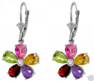 DD-3368W: MULTI GEMSTONE FLOWER LEVERBACK EARRINGS 14K WHITE GOLD
