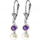 DD-1457W: PEARL &  AMETHYST LEVER BACK EARRINGS IN 14K WHITE GOLD