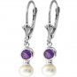 DD-1457W: PEARL &  AMETHYST LEVER BACK EARRINGS IN 14K WHITE GOLD