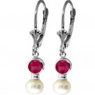 DD-1782W: NATURAL PEARL &  RUBY LEVERBACK EARRINGS 14K WHITE GOLD