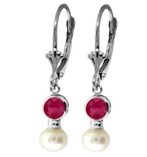 DD-1782W: NATURAL PEARL &  RUBY LEVERBACK EARRINGS 14K WHITE GOLD