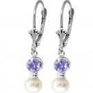 DD-2010W: PEARL AND TANZANITE LEVER BACK EARRINGS 14K. WHITE GOLD