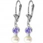DD-2010W: PEARL AND TANZANITE LEVER BACK EARRINGS 14K. WHITE GOLD