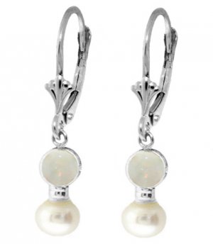 DD-2188W: REAL PEARL & OPAL LEVER BACK EARRINGS IN 14K WHITE GOLD