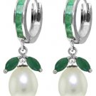 DD-3126W: EMERALD & CULTURED PEARL HUGGIE EARRINGS 14K WHITE GOLD