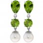 DD-1957W: NATURAL PERIDOT & PEARL DANGLE EARRINGS 14K. WHITE GOLD