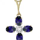 DD-1700Y: REAL SAPPHIRE & DIAMOND CROSS NECKLACE 14K. YELLOW GOLD