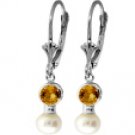 DD-1784W: PEARL AND CITRINE LEVERBACK EARRINGS IN 14K. WHITE GOLD