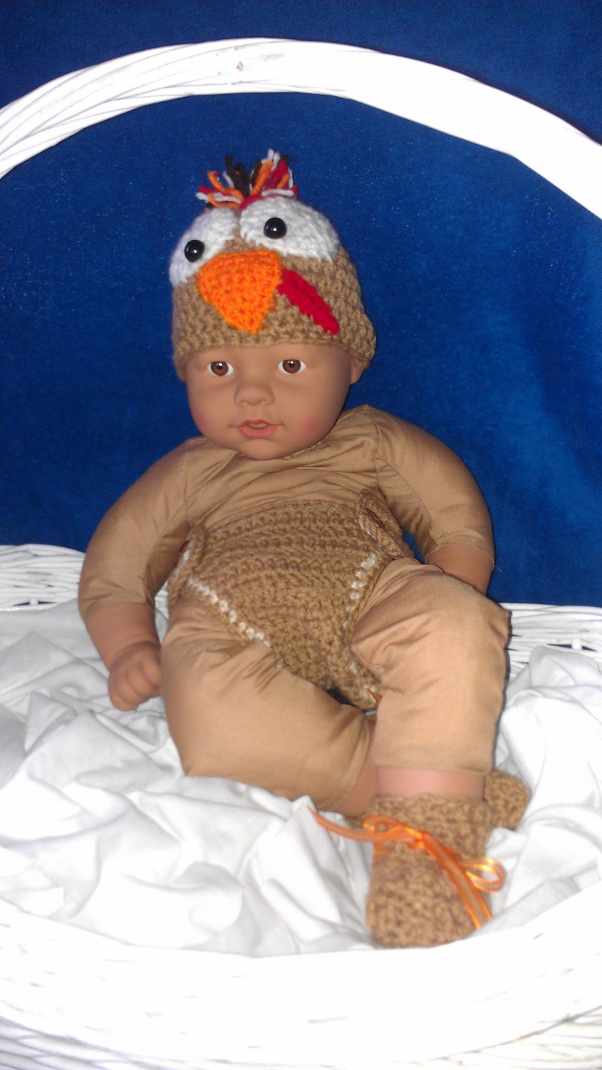 Baby Turkey Costume - Crochet Knitted Hat & Diaper Cover Photography Prop For 0-3 Months