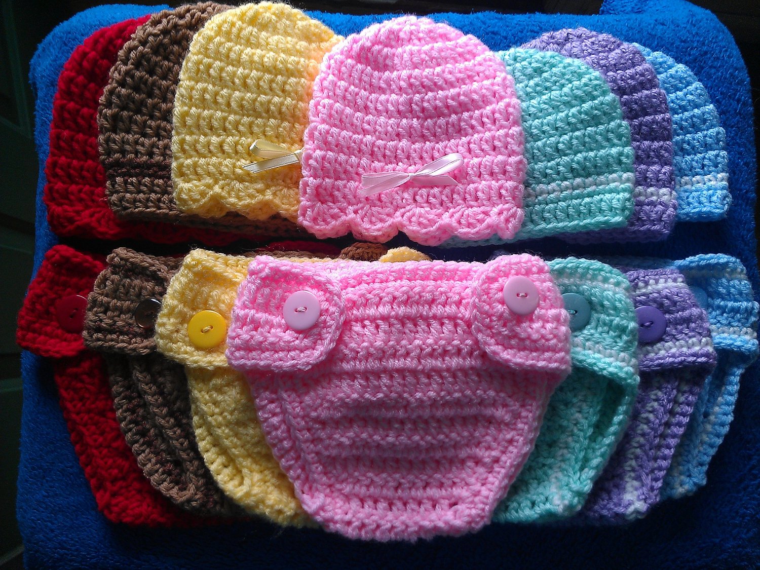 L@@K! LOVELY "2 PC- CROCHET HAT & DIAPER COVER SETS" FOR NEWBORN & REBORN BABIES