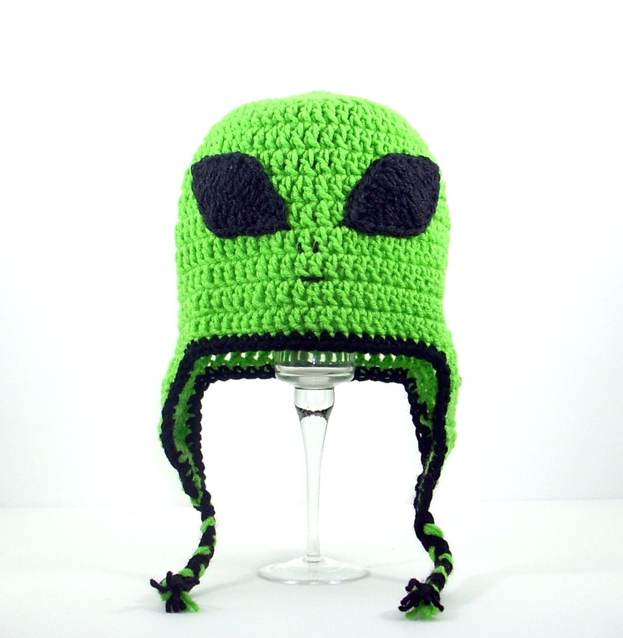 Alien Earflap Hat, Green Crochet Beanie, send size baby adult