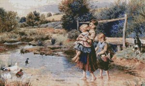 Counted Cross Stitch Kit - CHILDREN PADDLING IN A STREAM - MYLES BIRKET FOSTER