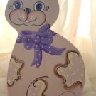 Country CAT Purple Bow Wood Hand Painted OOAK