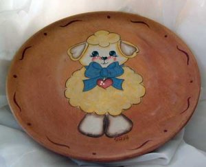 Big Blue Bow Lamb Plate Wood Hand Painted OOAK