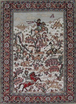 1.5'x2'Red Hand Knotted Hunt Silk Area Rug/Tapestry