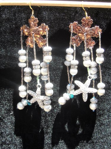 Starfish copper top silver & rhinestone hand made beaded earrings